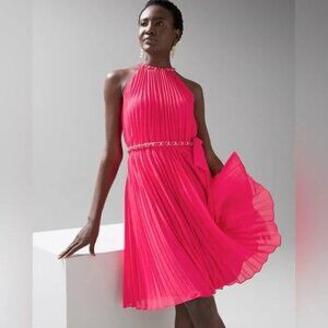 New WHBM Halter Pleated Midi Dress Small in Hot Pink & Gold Chain with Belt